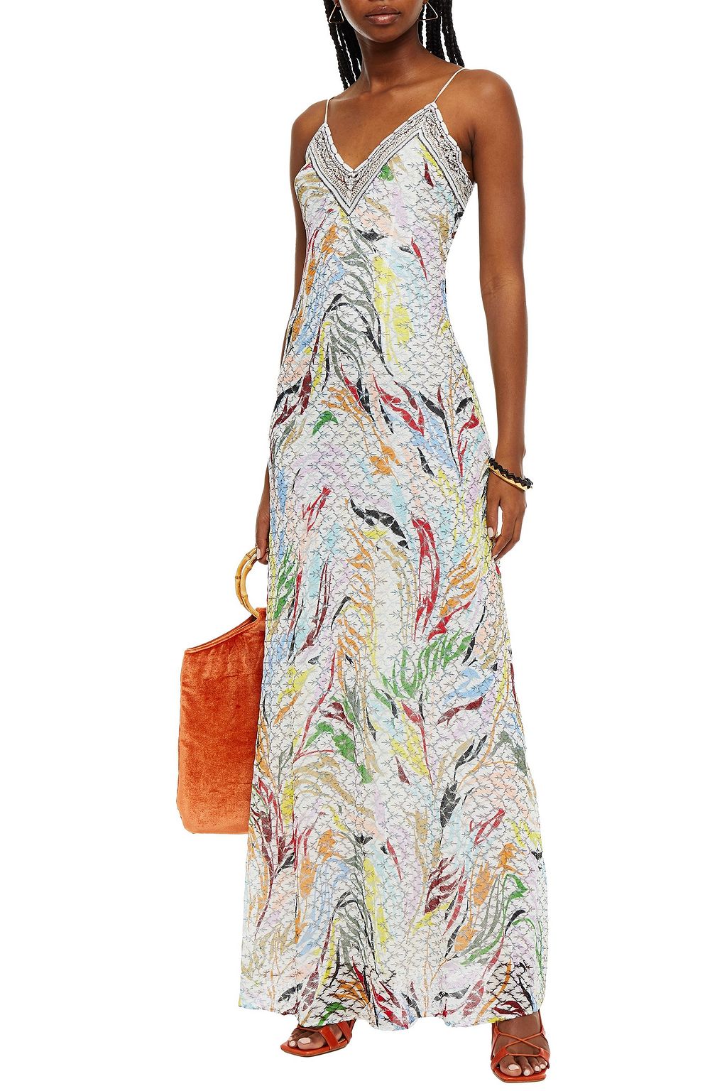 MISSONI Maxi-Strickkleid in Häkeloptik mit Metallic-Effekt und Print