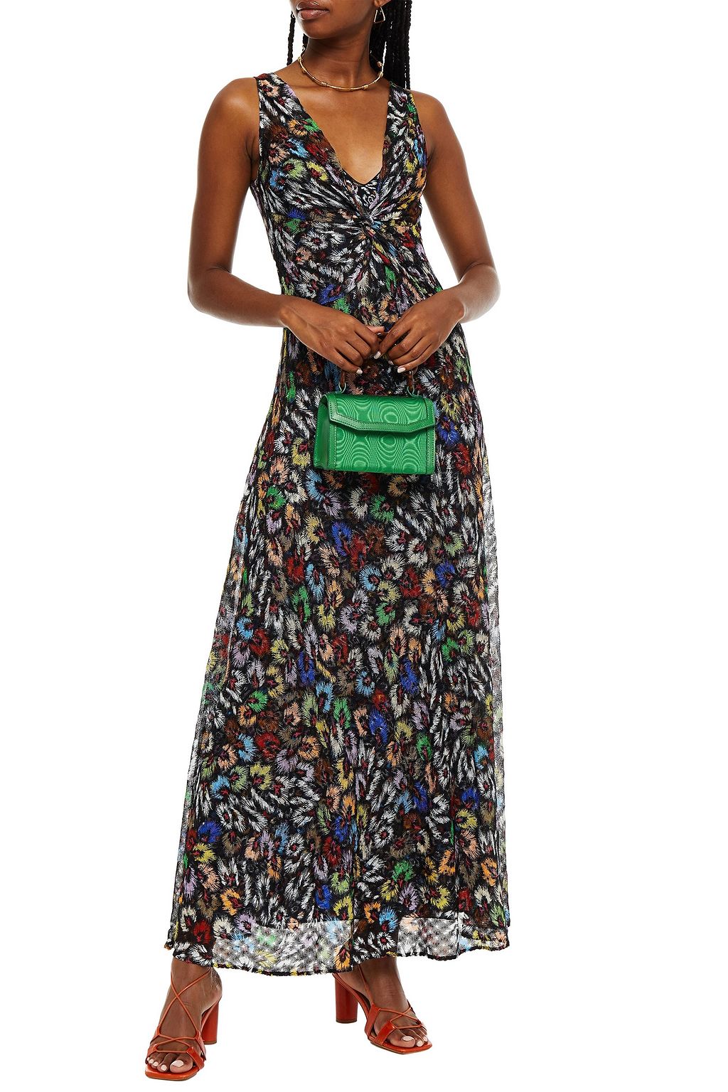 MISSONI Twist-front printed crochet-knit maxi dress