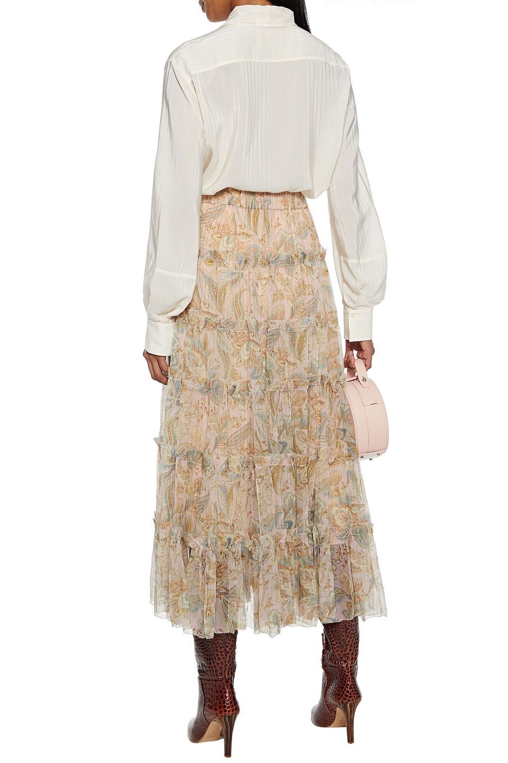ZIMMERMANN Lucky tiered printed metallic silk-blend georgette midi skirt