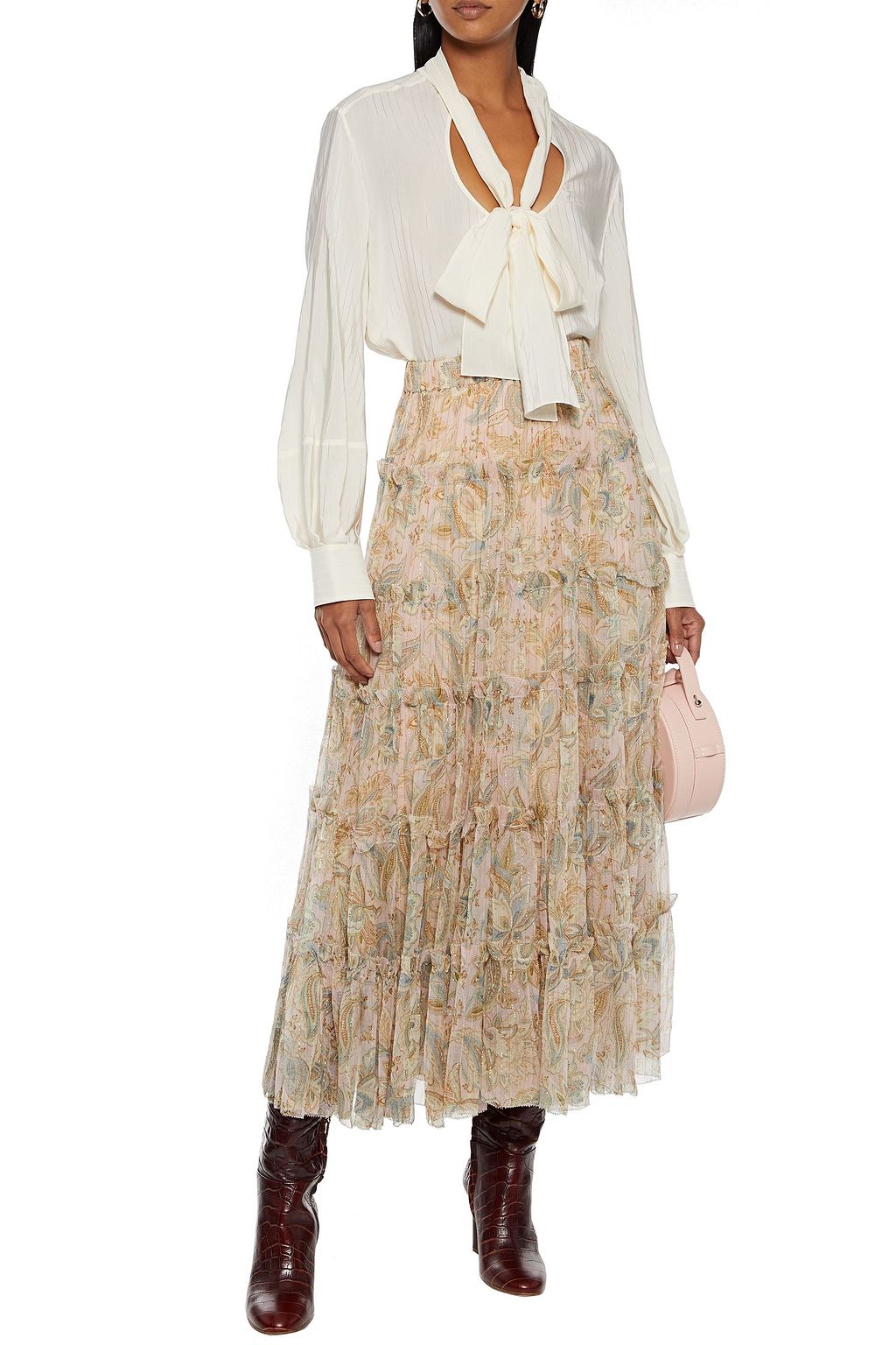 ZIMMERMANN Lucky tiered printed metallic silk-blend georgette midi skirt