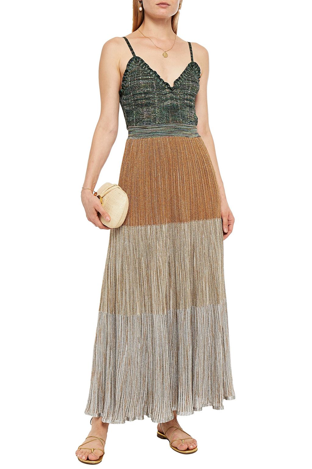 MISSONI Color-block metallic crochet-knit maxi dress