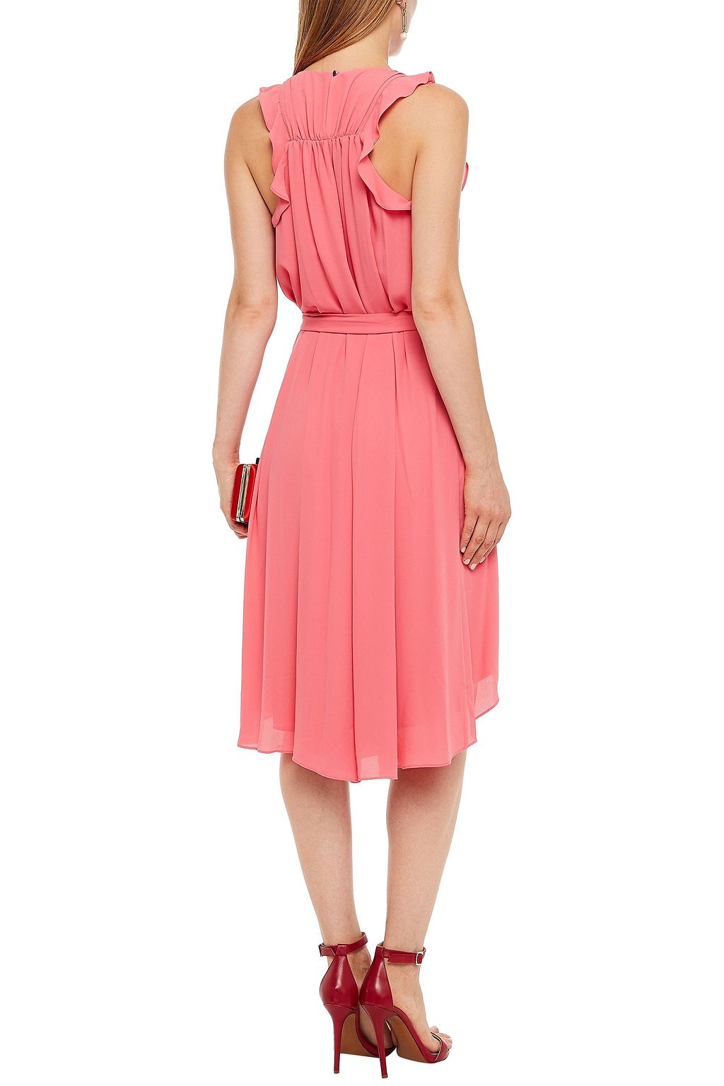 HALSTON Belted ruffle-trimmed crepe de chine dress