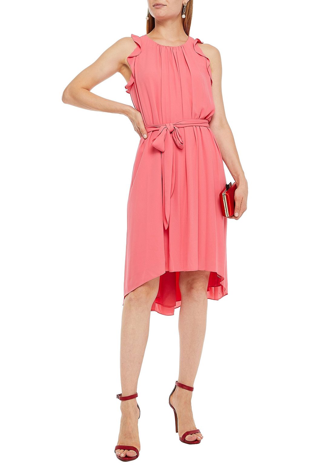 HALSTON Belted ruffle-trimmed crepe de chine dress