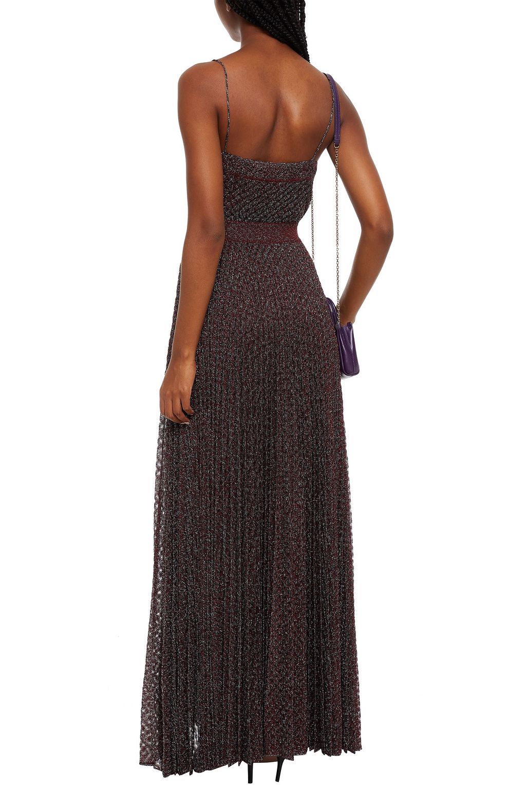 MISSONI Pleated metallic crochet-knit maxi slip dress