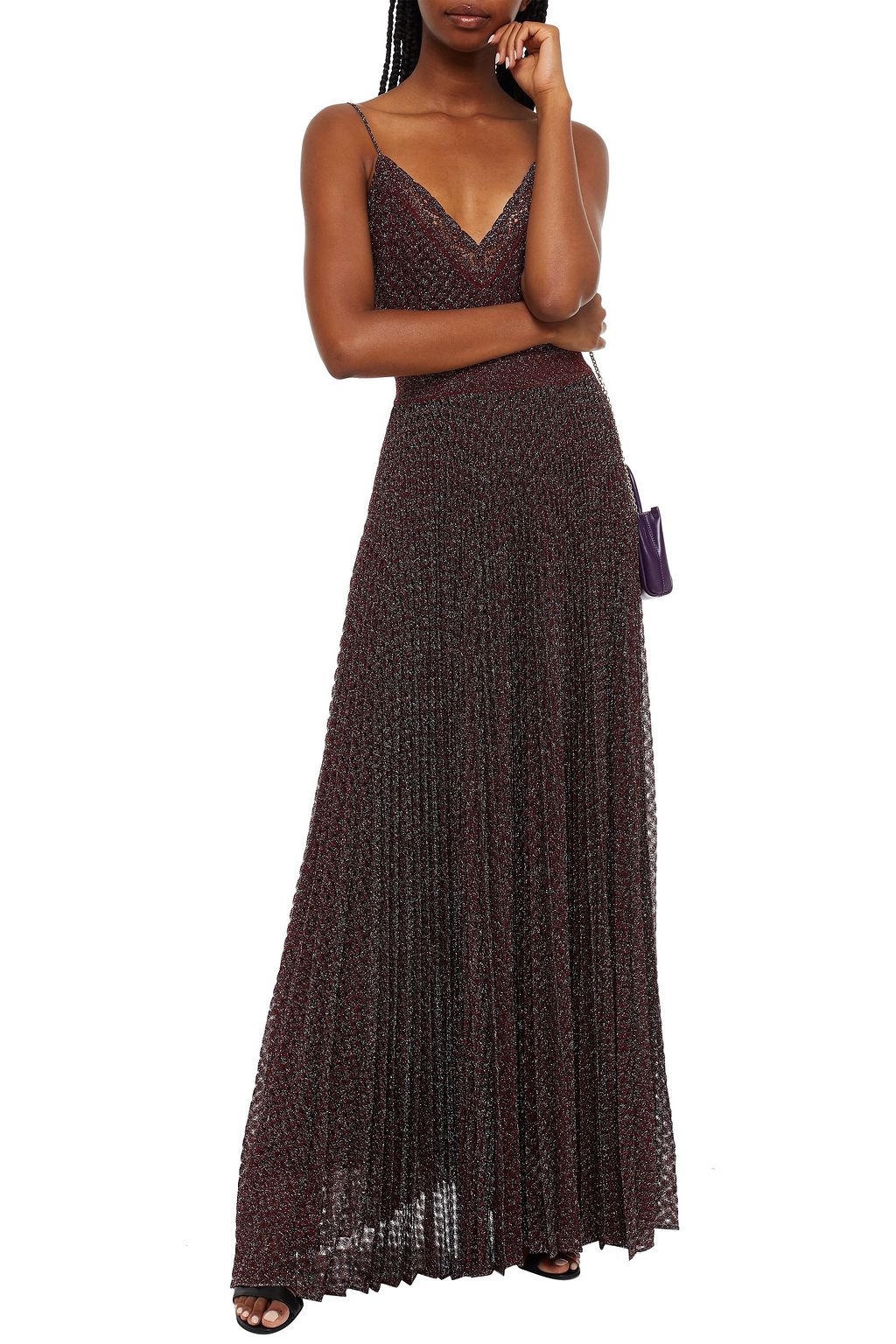 MISSONI Pleated metallic crochet-knit maxi slip dress