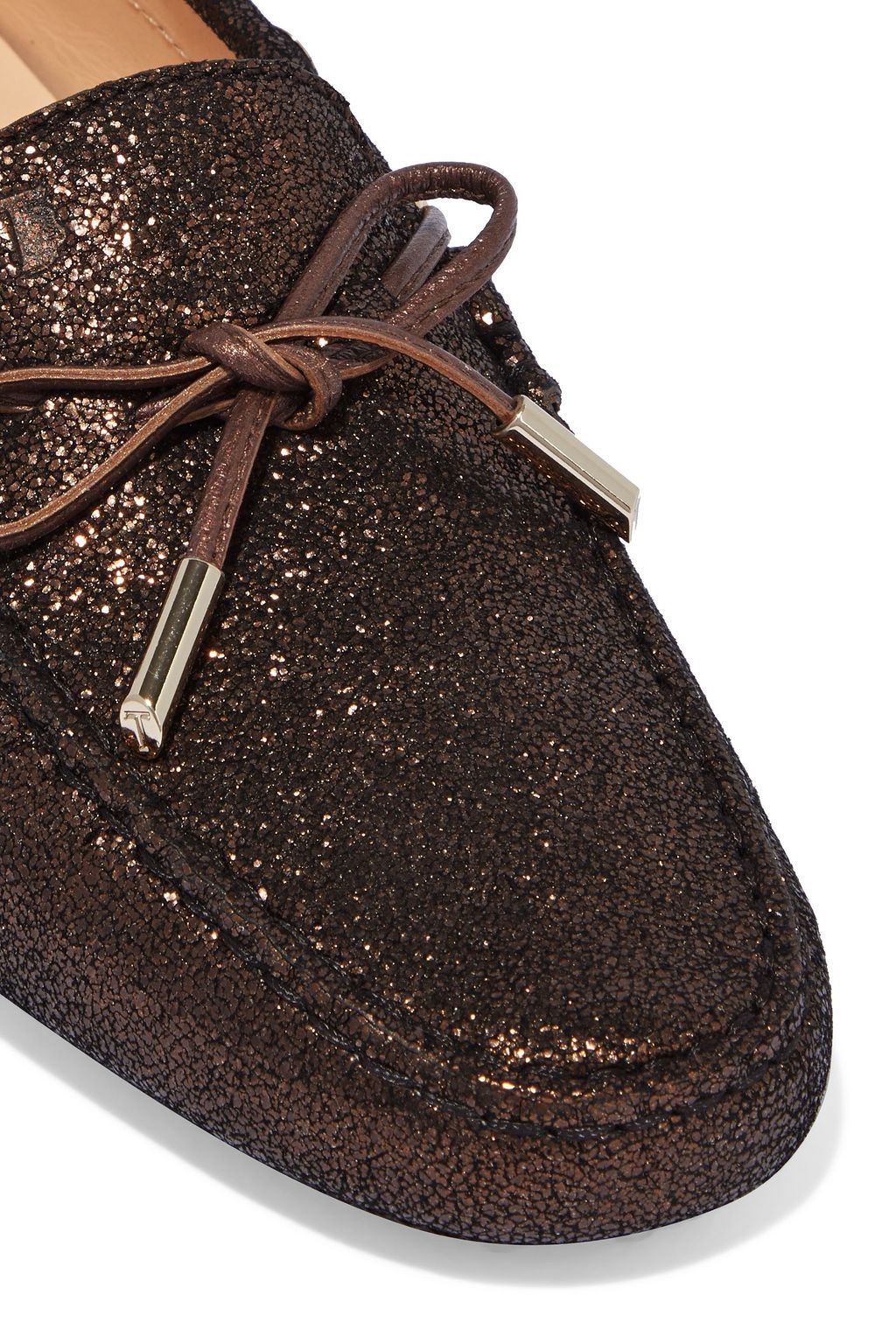 TOD'S Bow-detailed metallic suede loafers