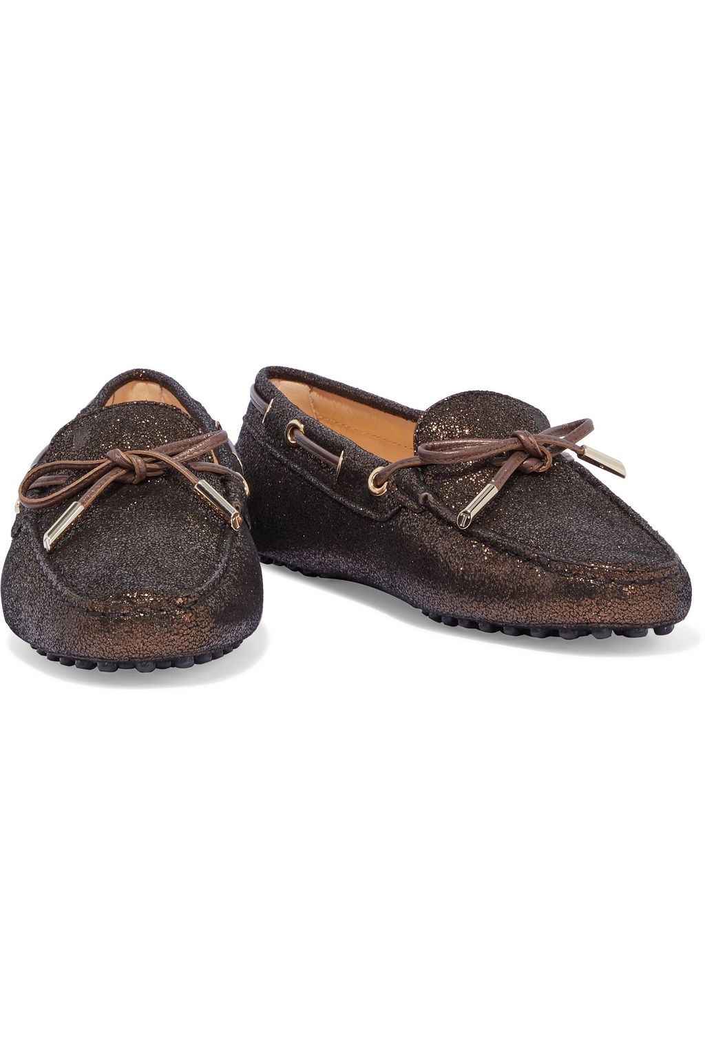 TOD'S Bow-detailed metallic suede loafers