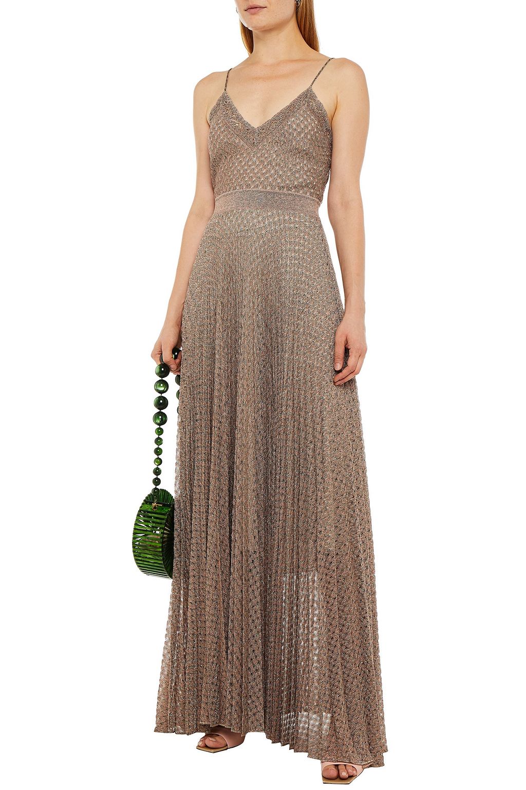 MISSONI Pleated metallic crochet-knit maxi slip dress