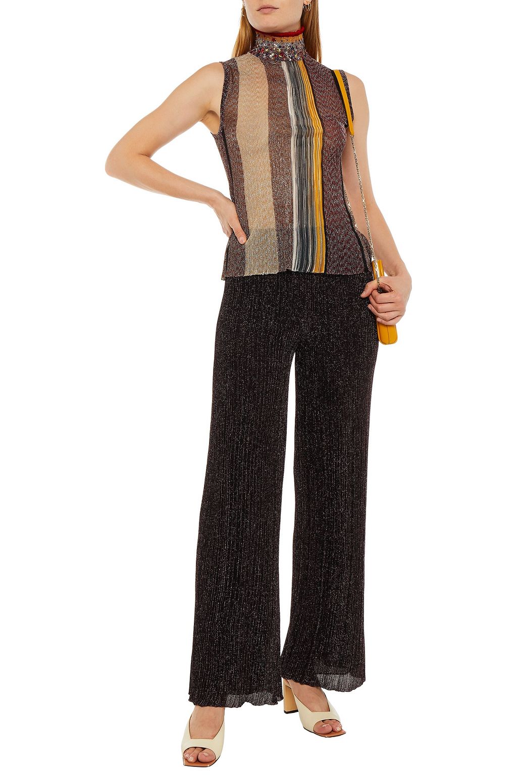 MISSONI Embellished metallic crochet-knit turtleneck top