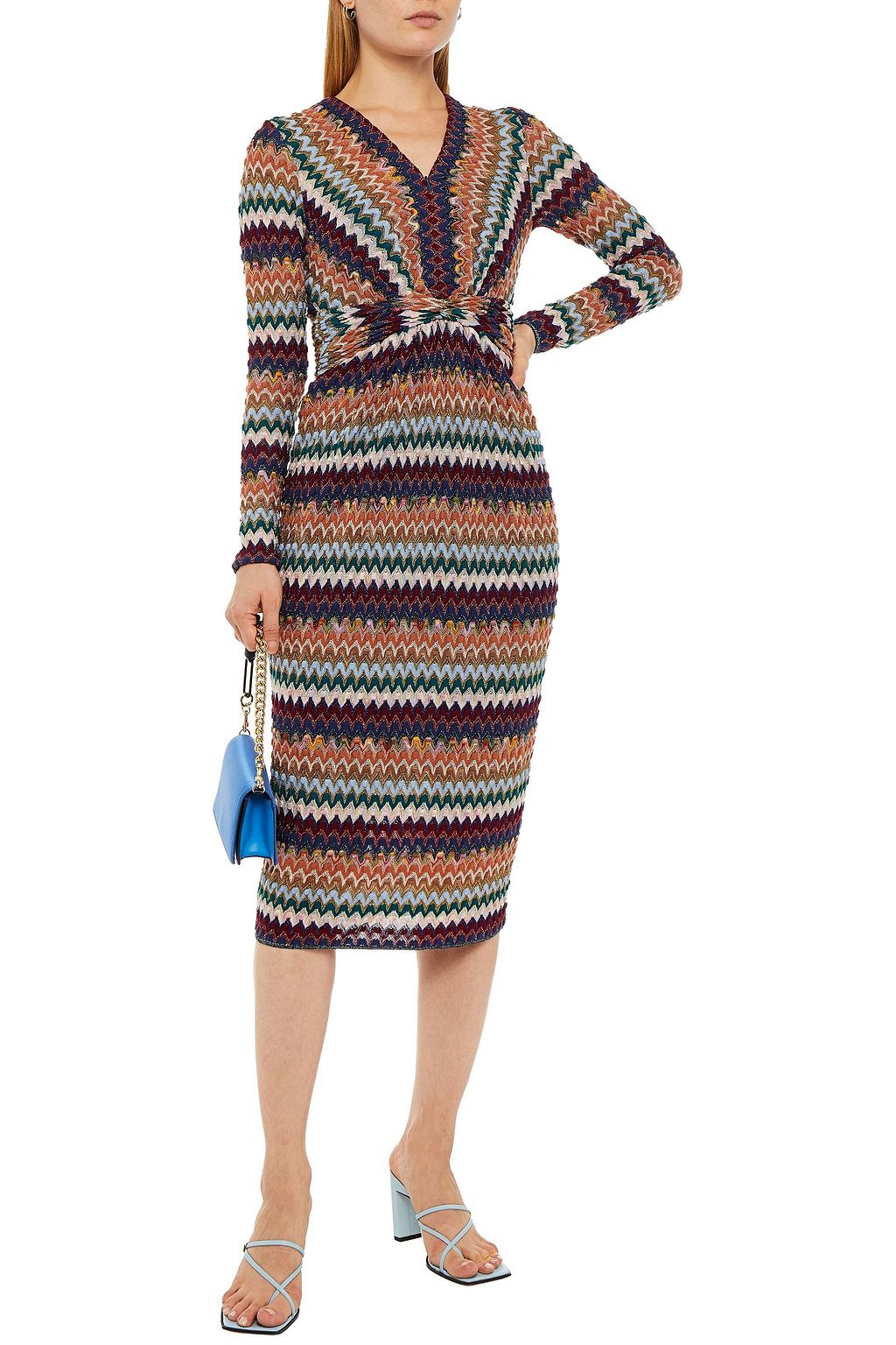 MISSONI Twist-front metallic crochet-knit midi dress