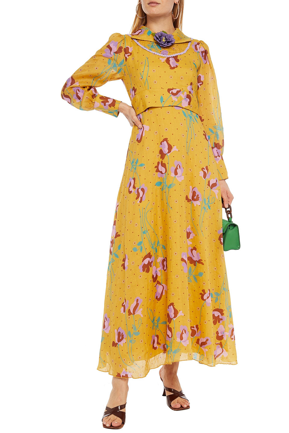 Antik Batik Ossie Embellished Printed Ramie-gauze Maxi Dress In Yellow