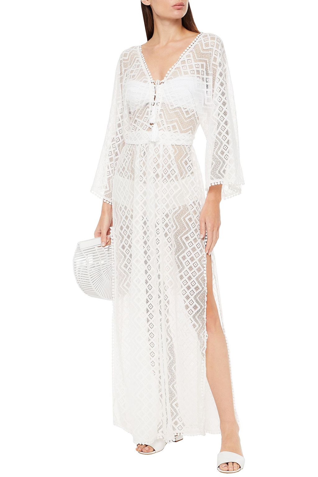 MELISSA ODABASH Nina belted tasseled crocheted lace kaftan