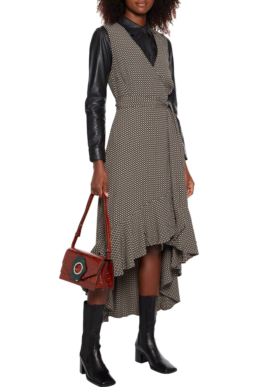 GANNI Asymmetric gingham crepe midi wrap dress