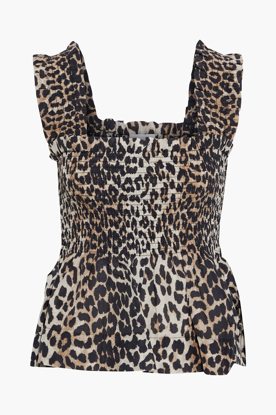 ganni - shirred leopard-print cotton and silk-blend peplum top - animal print - eu 40