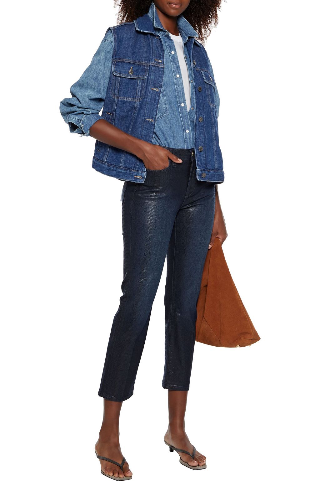 FRAME Le High Straight cropped coated high-rise slim-leg jeans