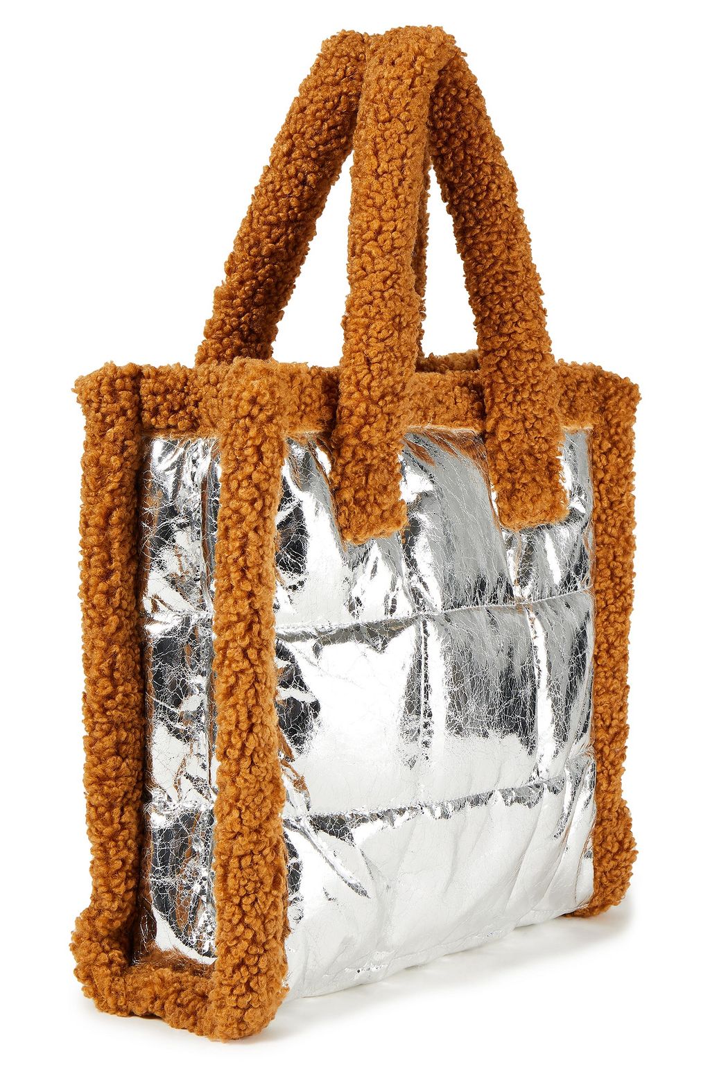 STAND STUDIO Two-tone quilted crinkled faux shearling tote