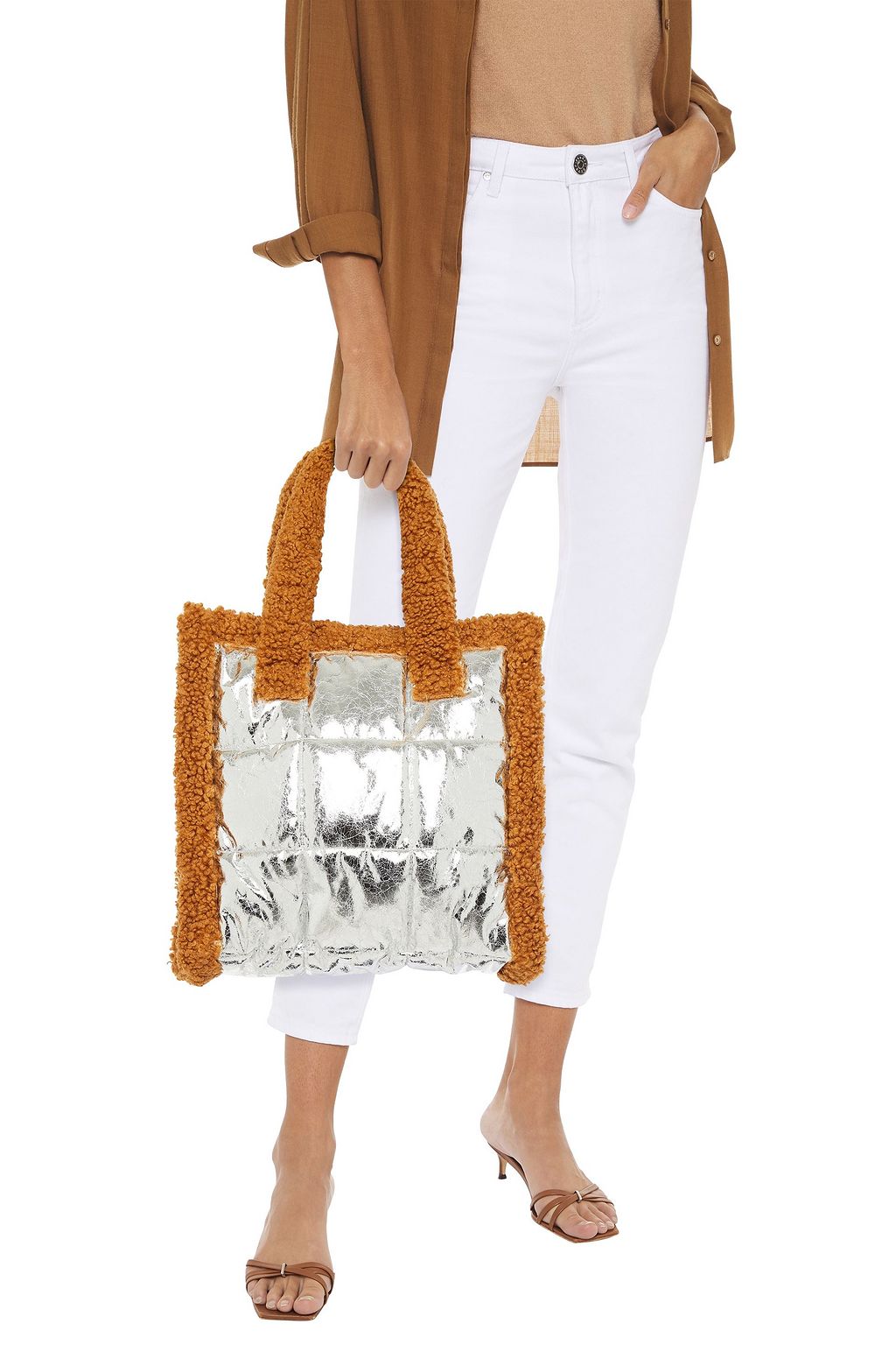 STAND STUDIO Two-tone quilted crinkled faux shearling tote