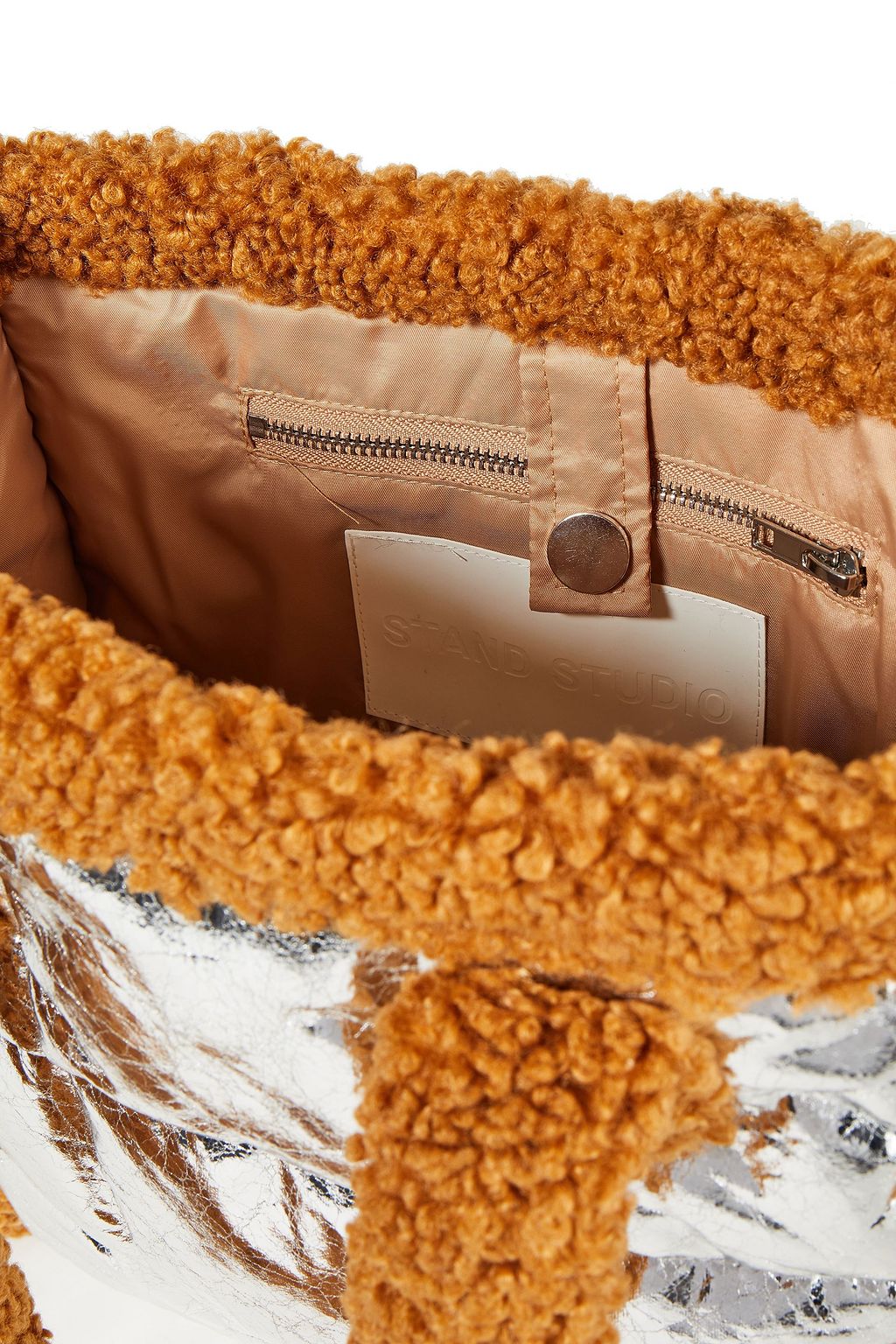 STAND STUDIO Two-tone quilted crinkled faux shearling tote