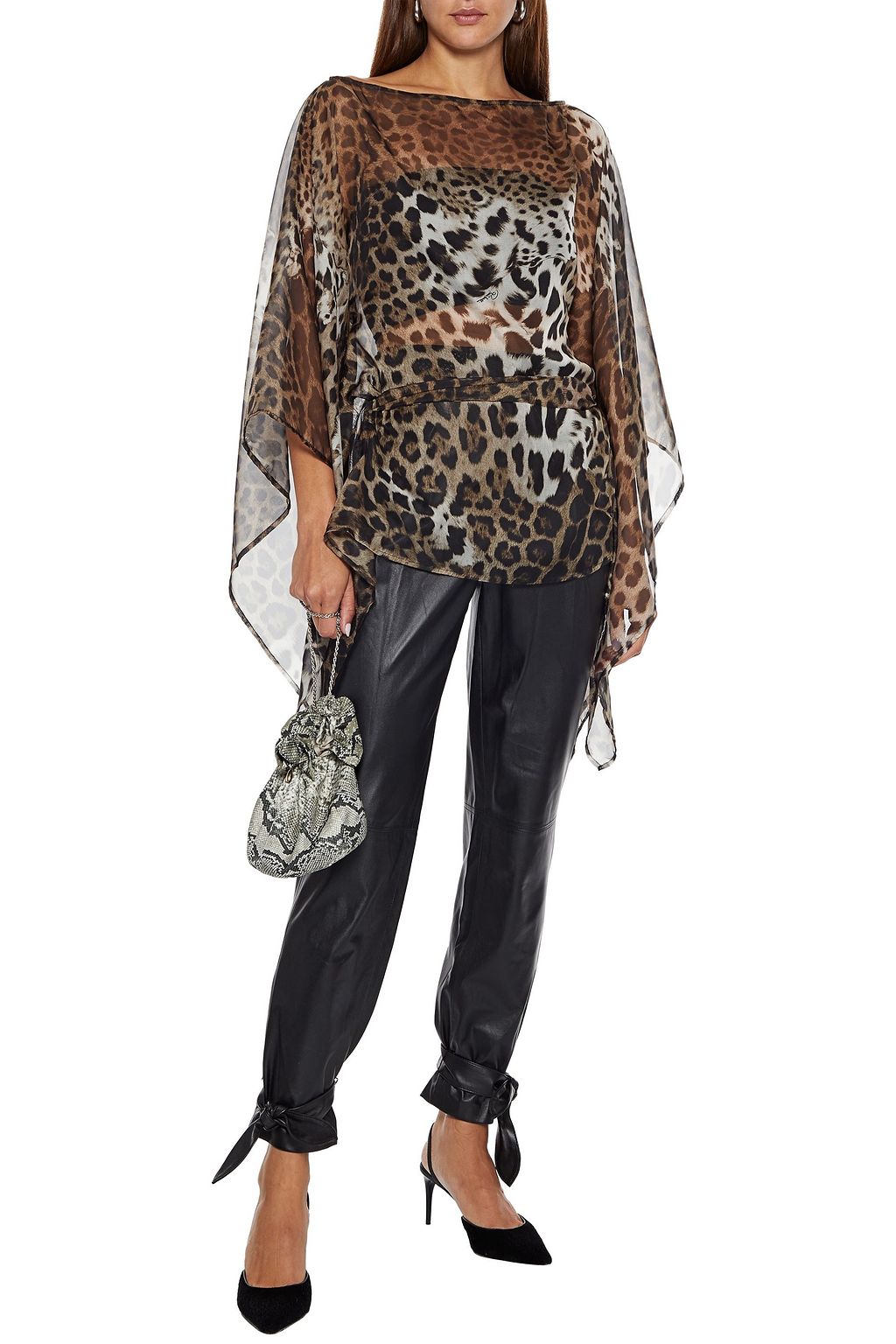 ROBERTO CAVALLI Belted draped leopard-print chiffon blouse