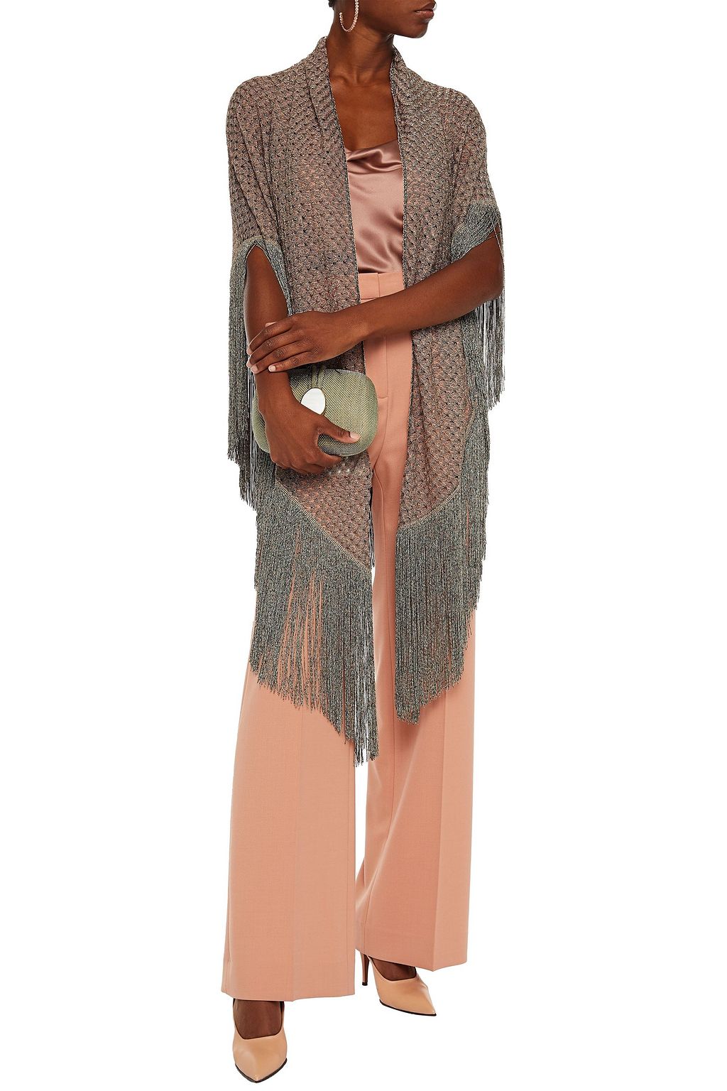 MISSONI Fringed metallic crochet-knit wrap
