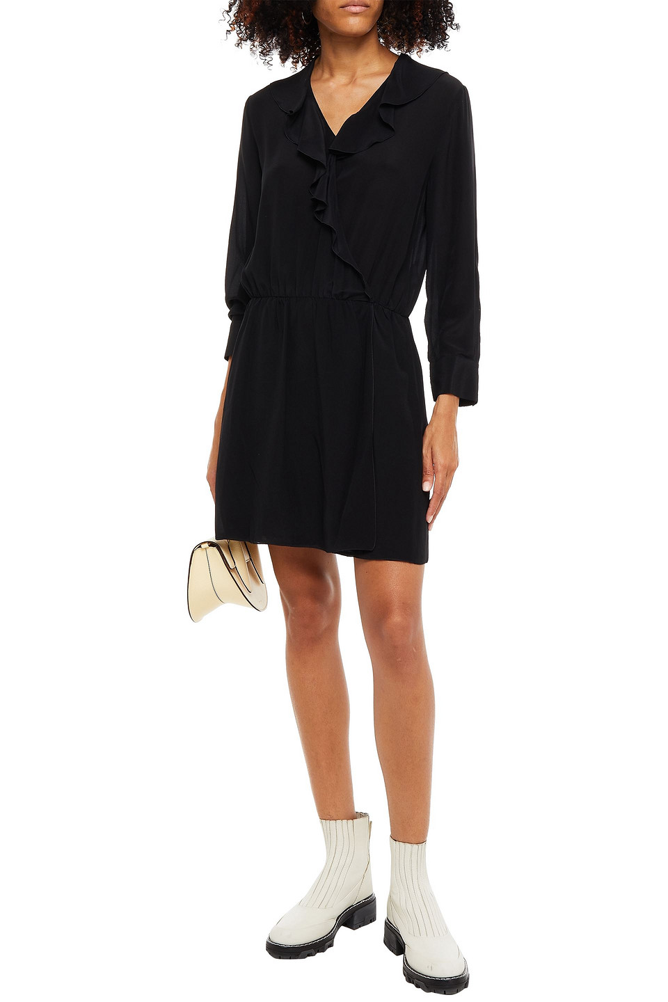 Apc Ruffled Silk Crepe De Chine Mini Wrap Dress In Black