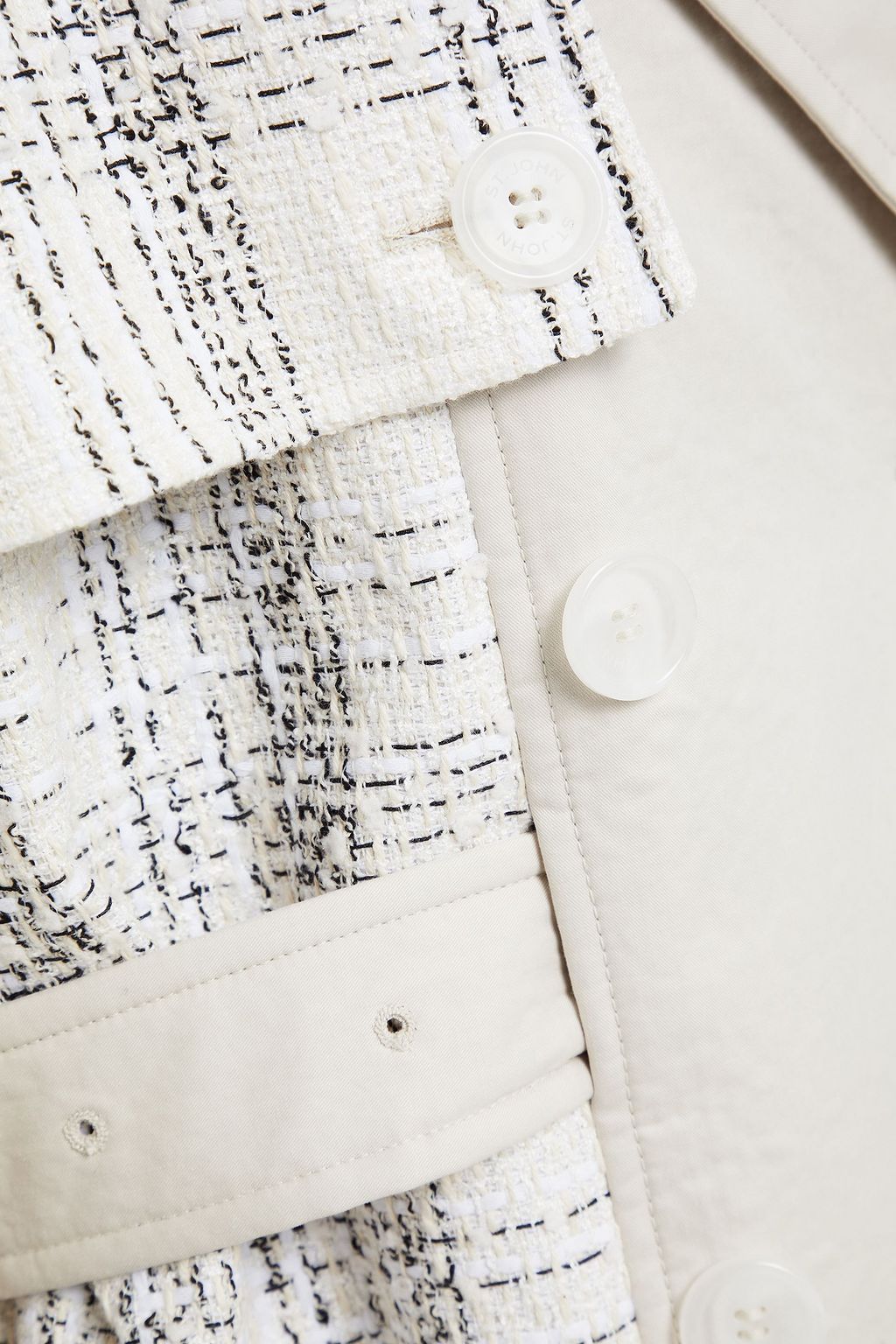 ST. JOHN Belted cotton-blend twill and checked tweed trench coat