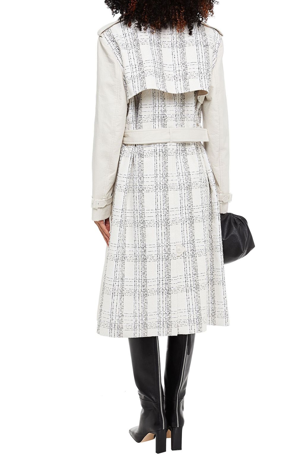 ST. JOHN Belted cotton-blend twill and checked tweed trench coat