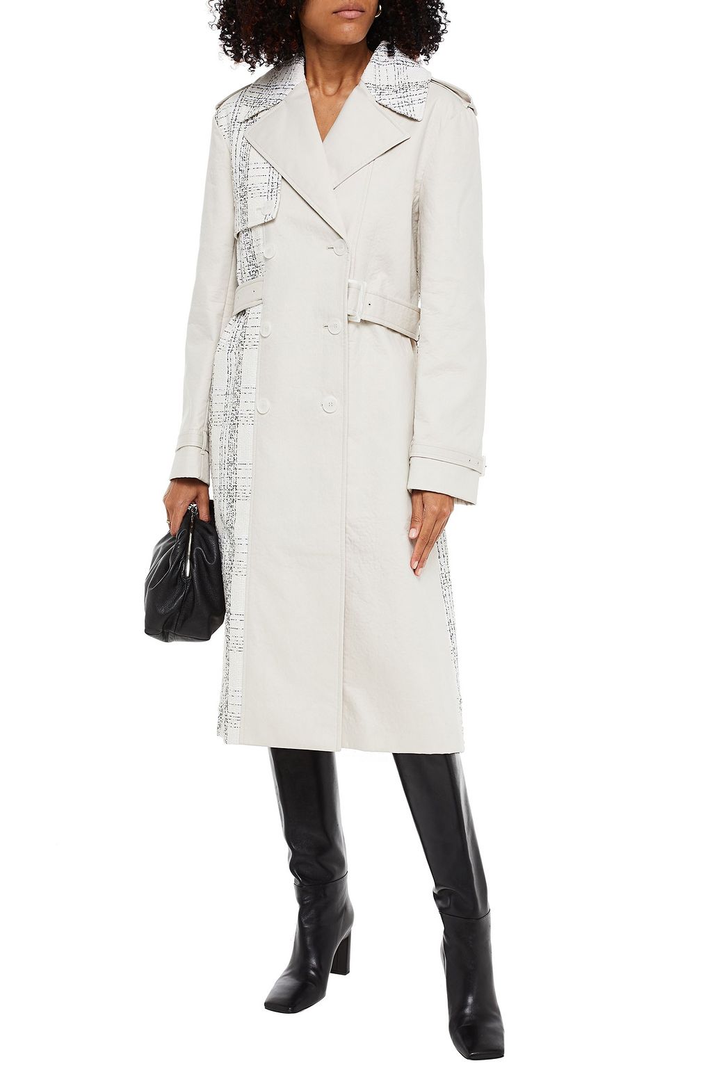 ST. JOHN Belted cotton-blend twill and checked tweed trench coat