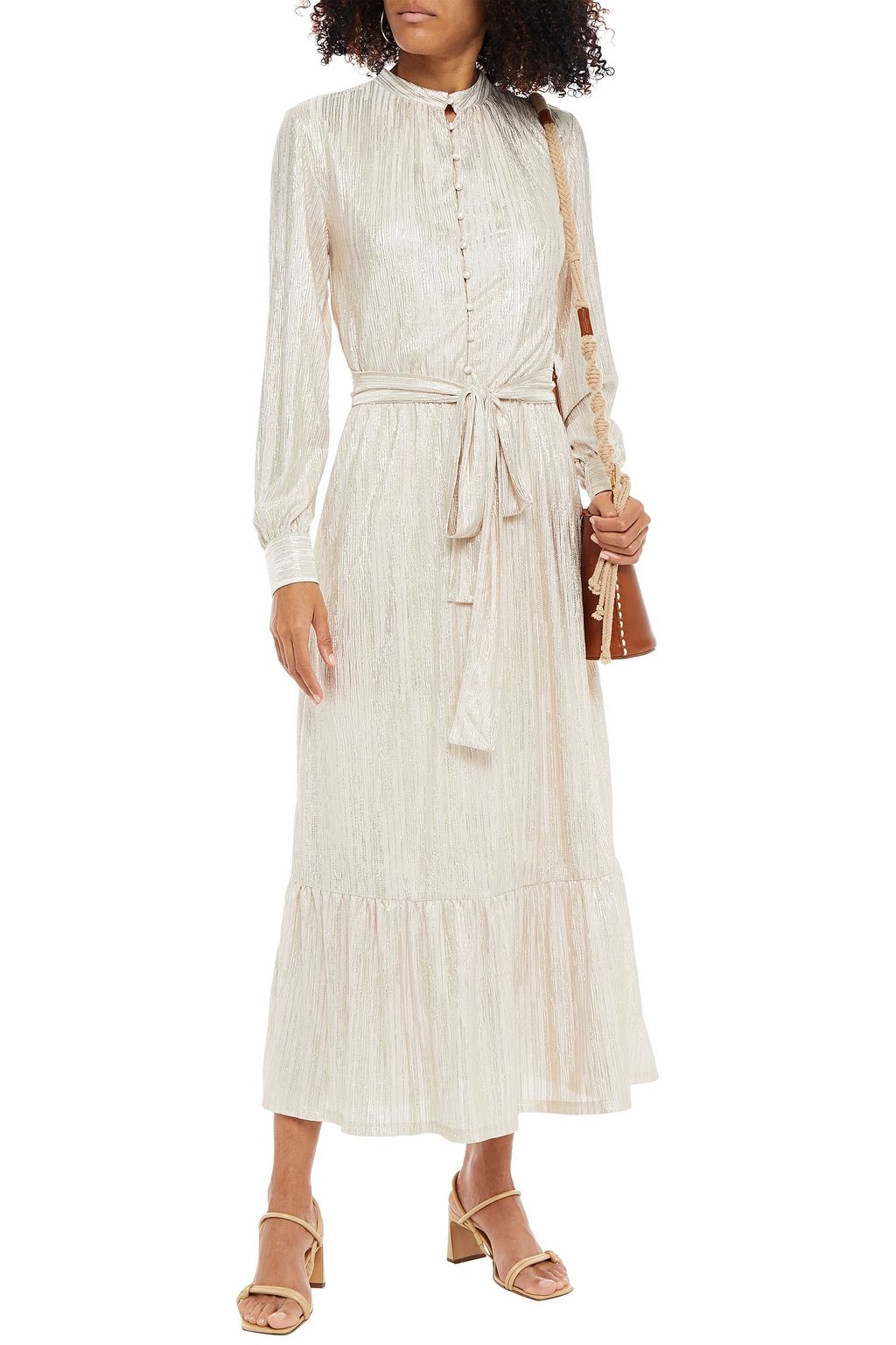 MELISSA ODABASH Jojo belted plissé metallic satin midi dress