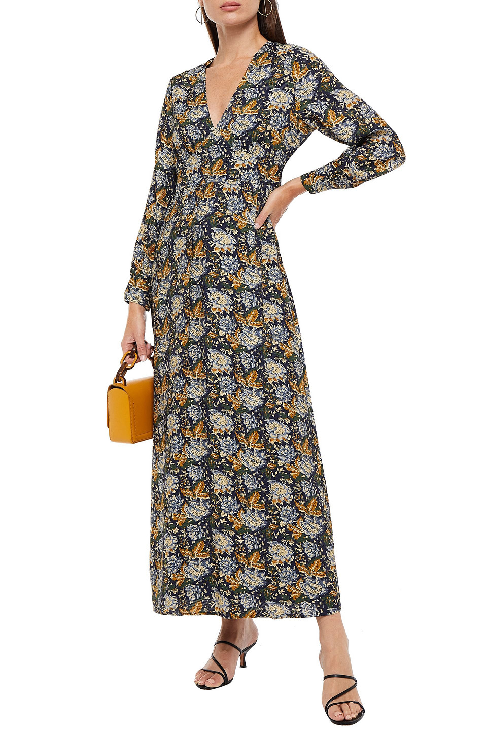 Antik Batik Misso Gathered Floral-print Twill Maxi Dress In Navy