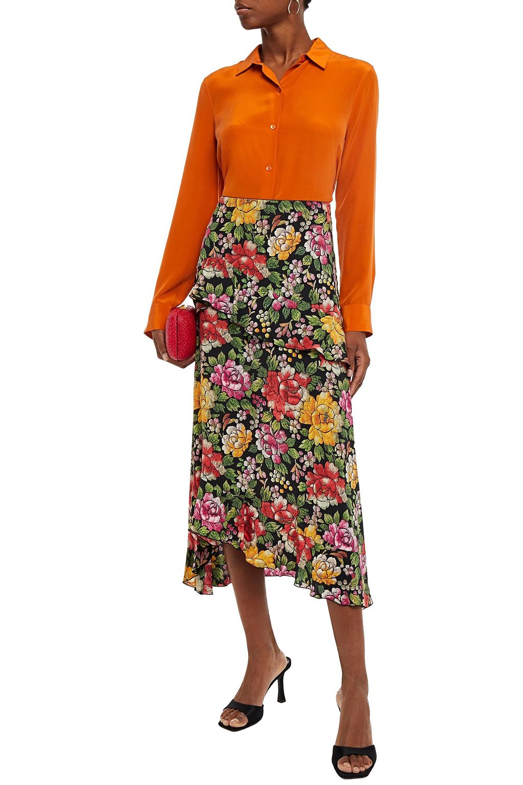 ETRO Ruffled floral-print silk crepe de chine midi skirt