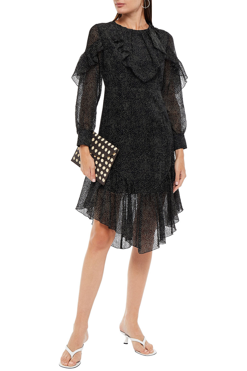 Antik Batik Pita Bow-detailed Ruffled Flocked Chiffon Dress In Black