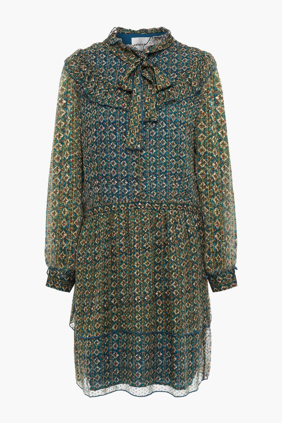 Antik Batik Malo pussy-bow tiered printed fil coupé silk-blend mini dress