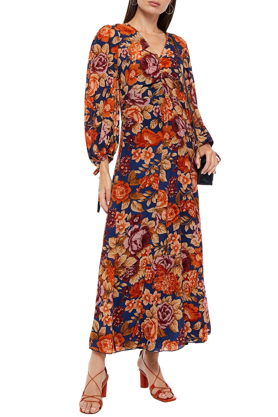 Antik Batik Camille Ruched Floral-print Crepe De Chine Maxi Dress In Navy