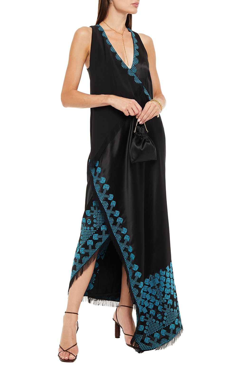 ETRO Embroidered wrap-effect satin midi dress