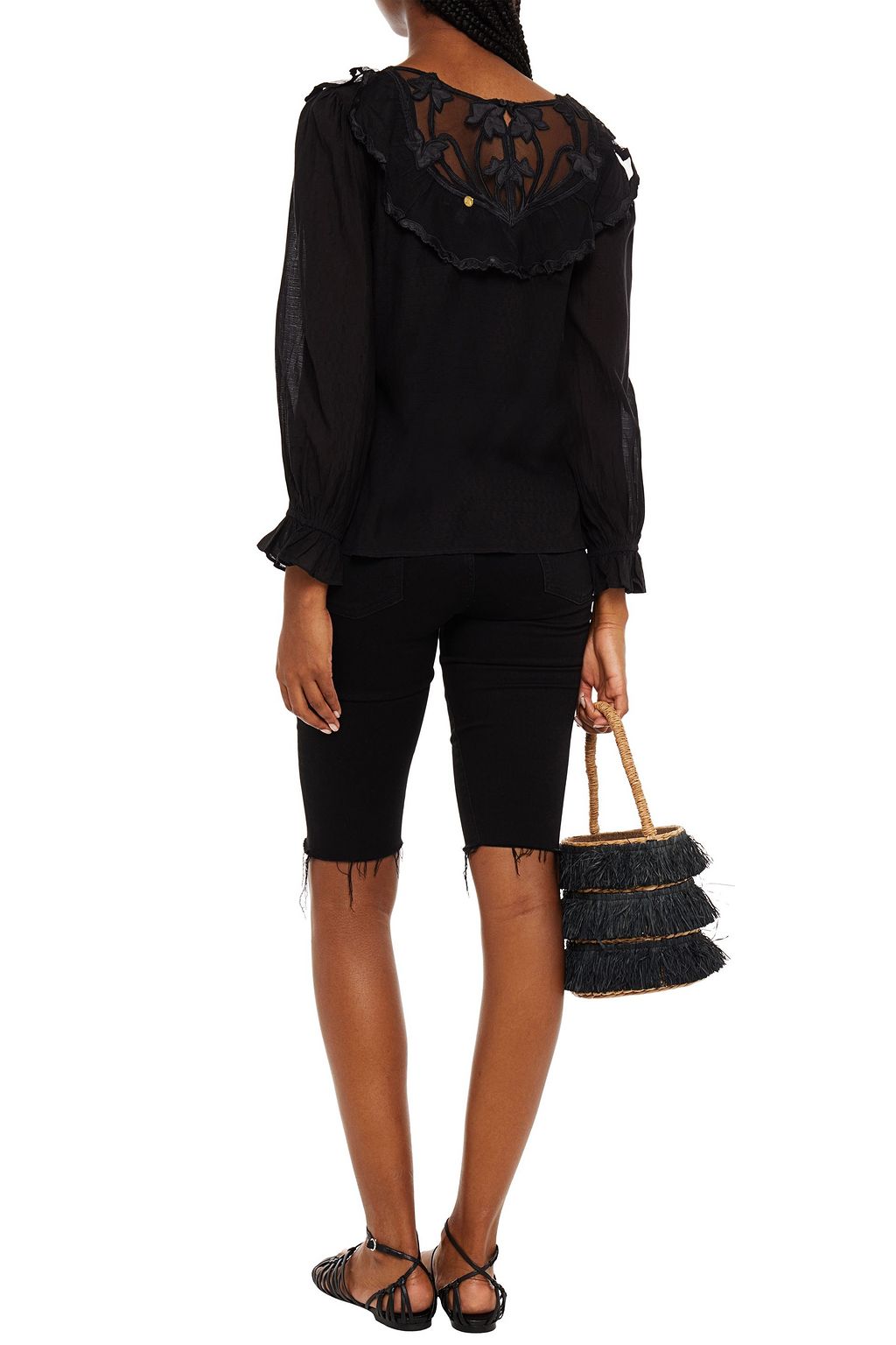 ANTIK BATIK Celine appliquéd tulle-paneled ruffled cotton-blend gauze blouse
