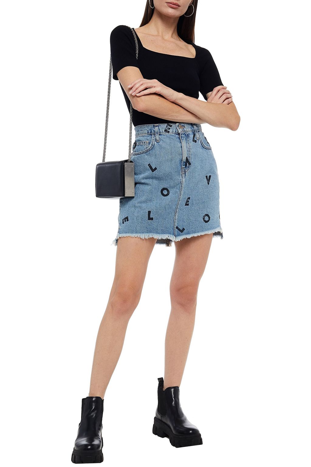 CURRENT/ELLIOTT Frayed printed denim mini skirt