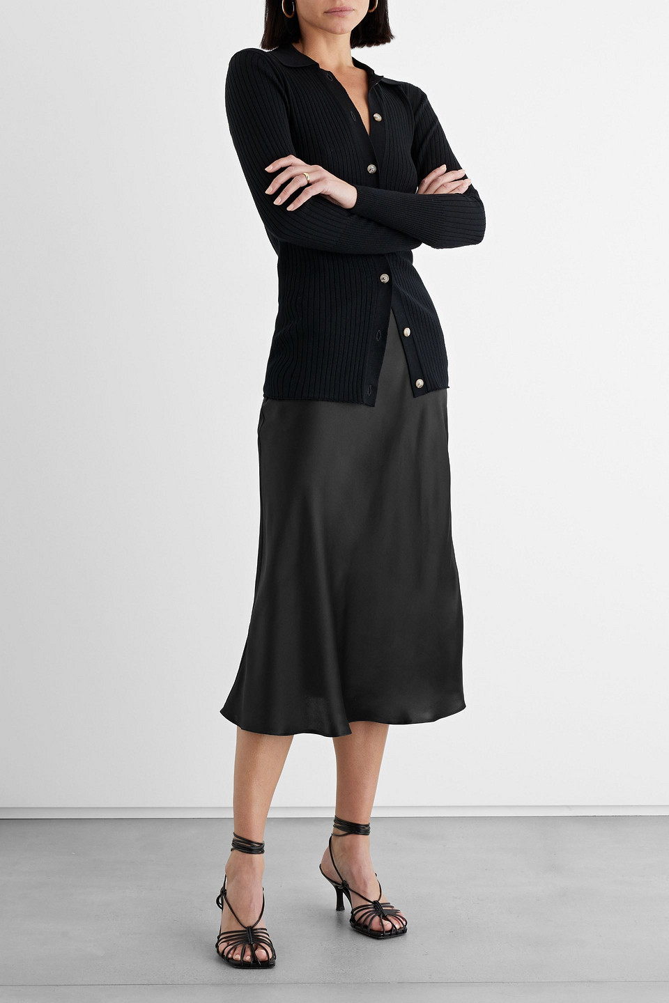 Iris & Ink Mirabelle Organic Silk-satin Midi Skirt In Black