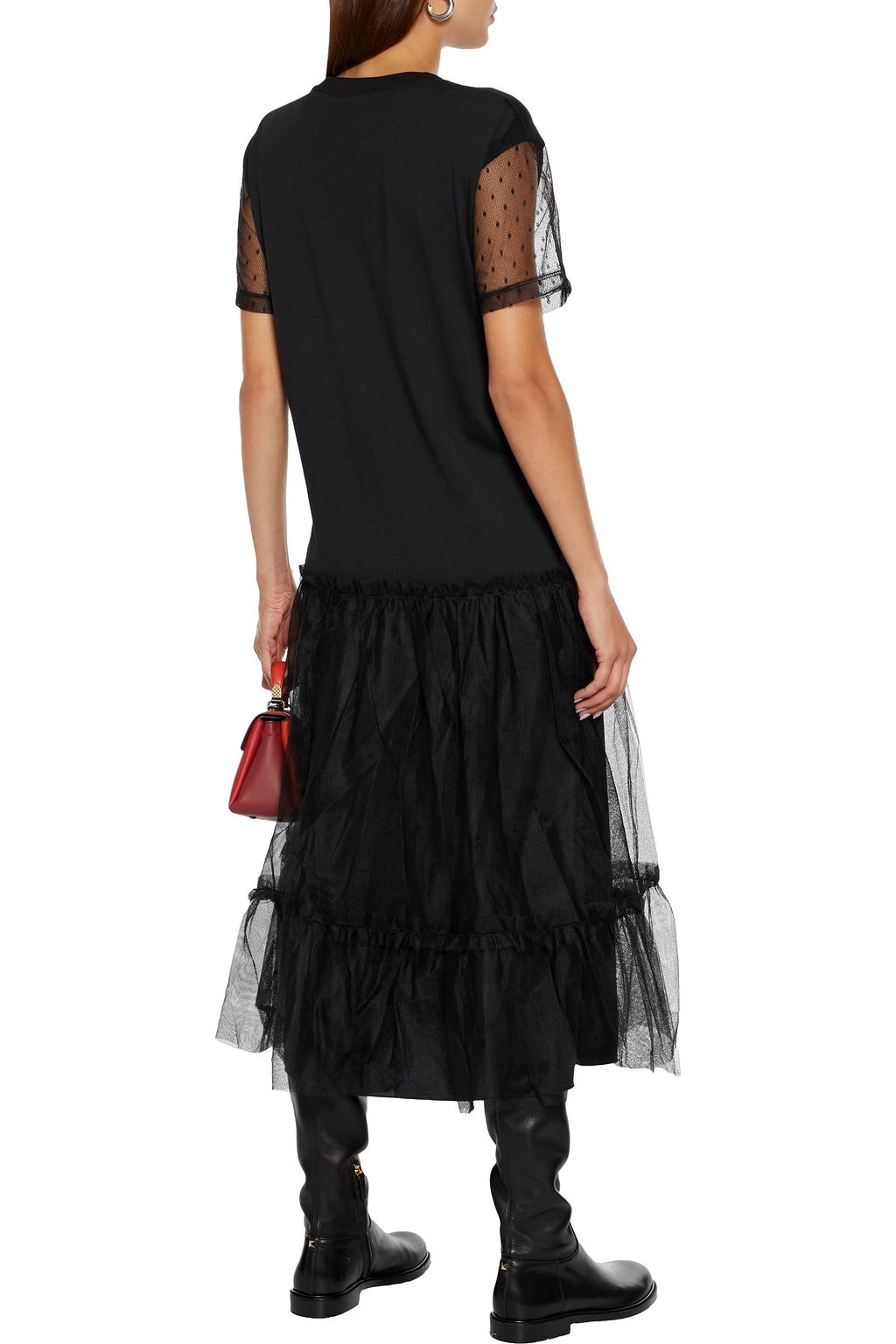 REDVALENTINO Tiered cotton-jersey, tulle and point d'esprit midi dress