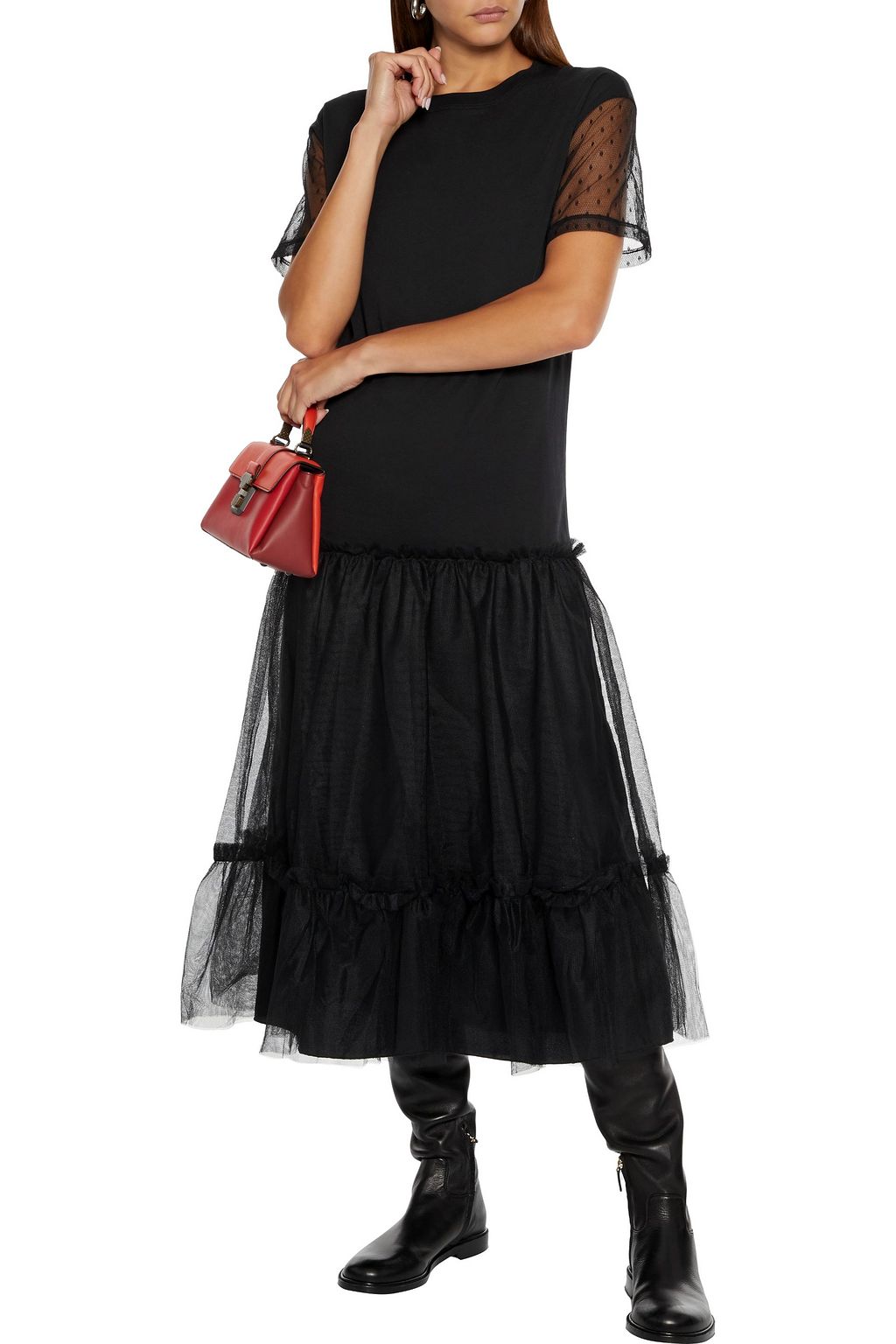 REDVALENTINO Tiered cotton-jersey, tulle and point d'esprit midi dress