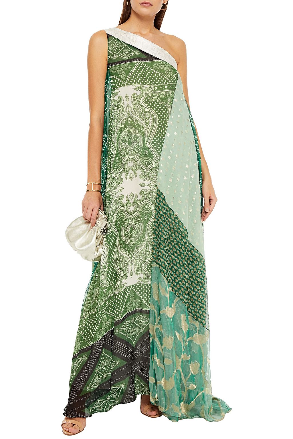ETRO One-shoulder printed metallic fil coupé silk-crepon maxi dress