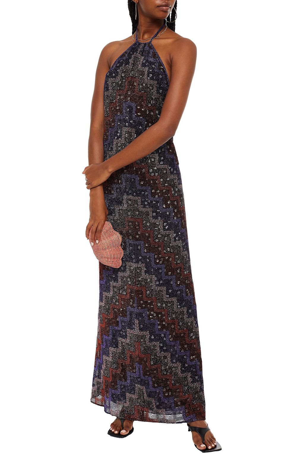 MISSONI Gathered metallic crochet-knit maxi halterneck dress