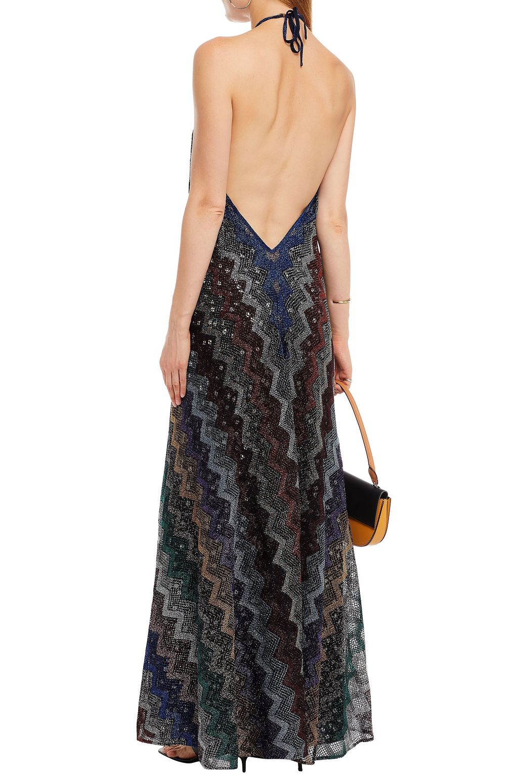 MISSONI Gathered metallic crochet-knit maxi halterneck dress