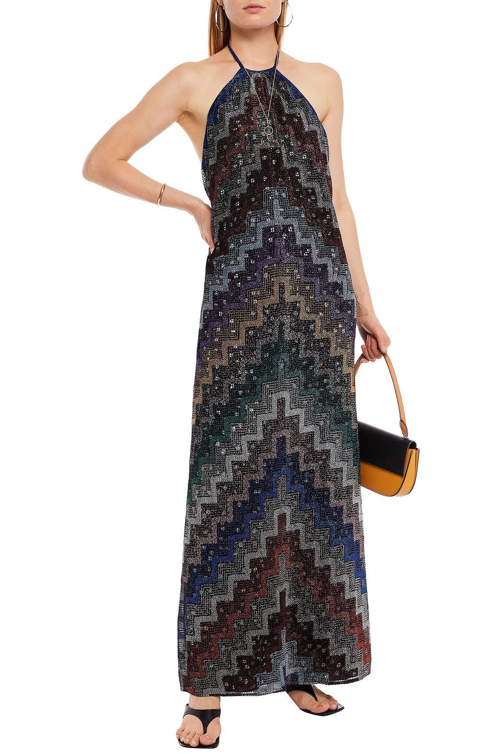 MISSONI Gathered metallic crochet-knit maxi halterneck dress