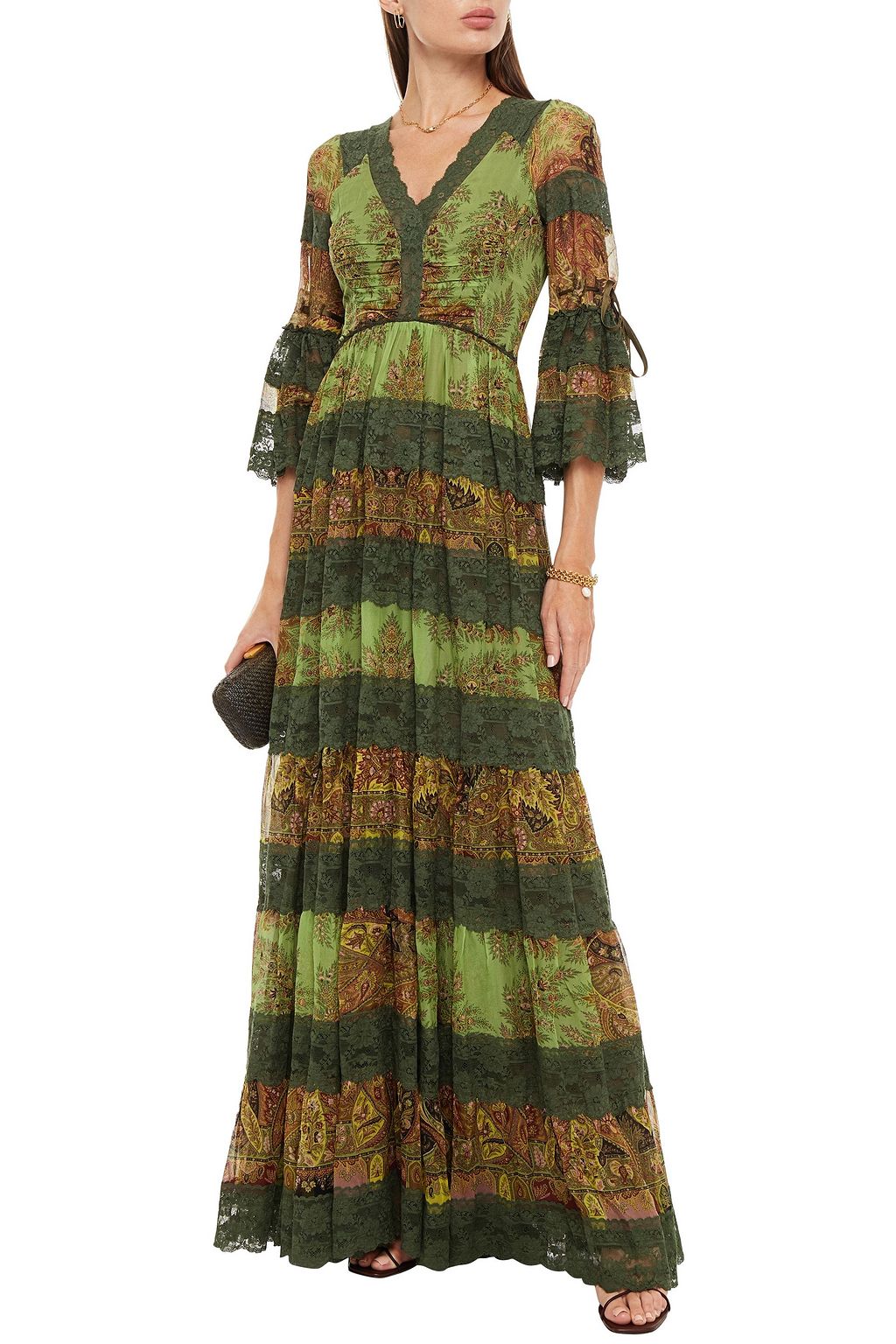 ETRO Lace-trimmed gathered printed silk-chiffon maxi dress