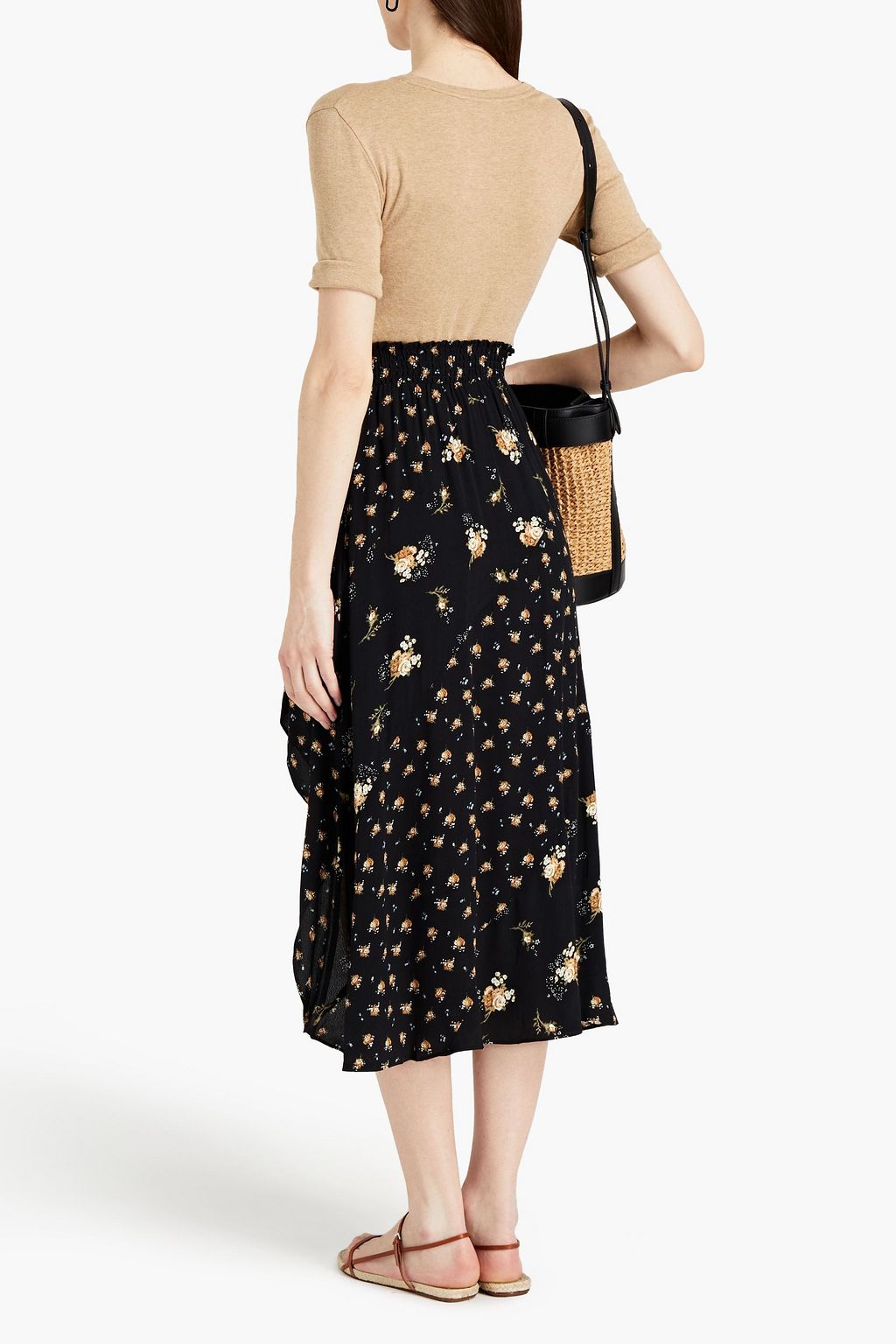 MAJE Shirred floral-print crepe midi skirt