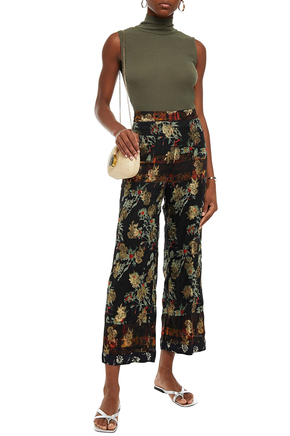 Etro Metallic Floral-print Fil Coupé Silk-blend Wide-leg Pants In Black