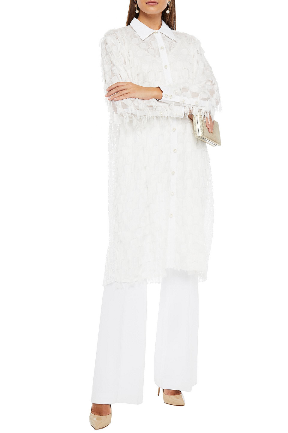 Huishan Zhang Fringed Organza Shirt Dress In White