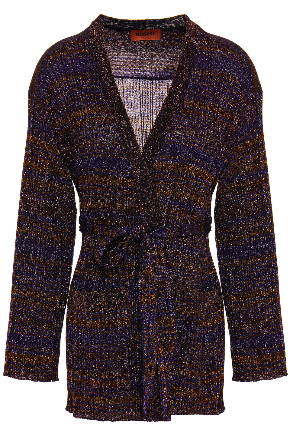 Missoni Woman Belted Metallic Striped Ribbed-knit Cardigan Violet Size 42