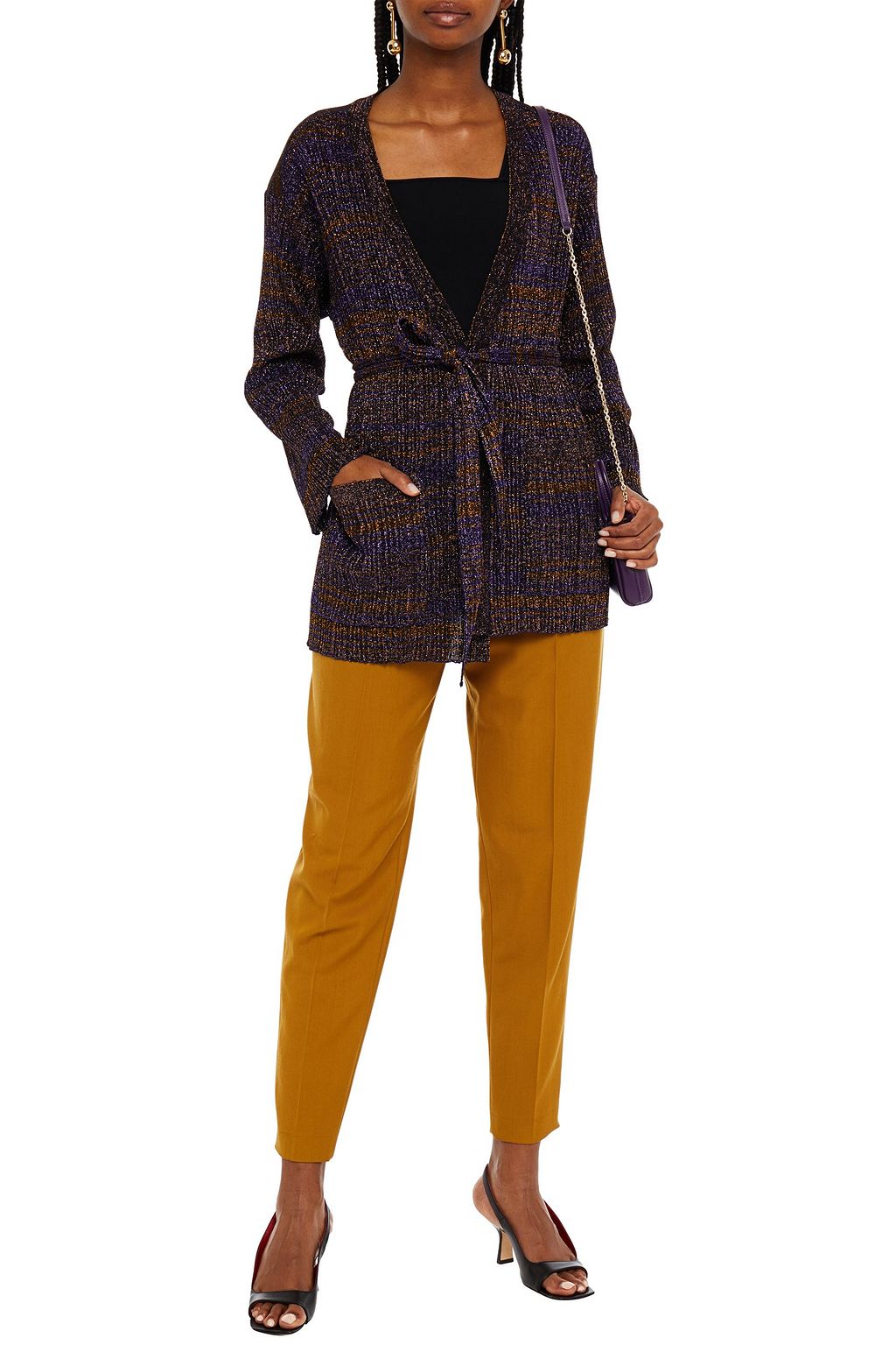 MISSONI Belted metallic striped ribbed-knit cardigan